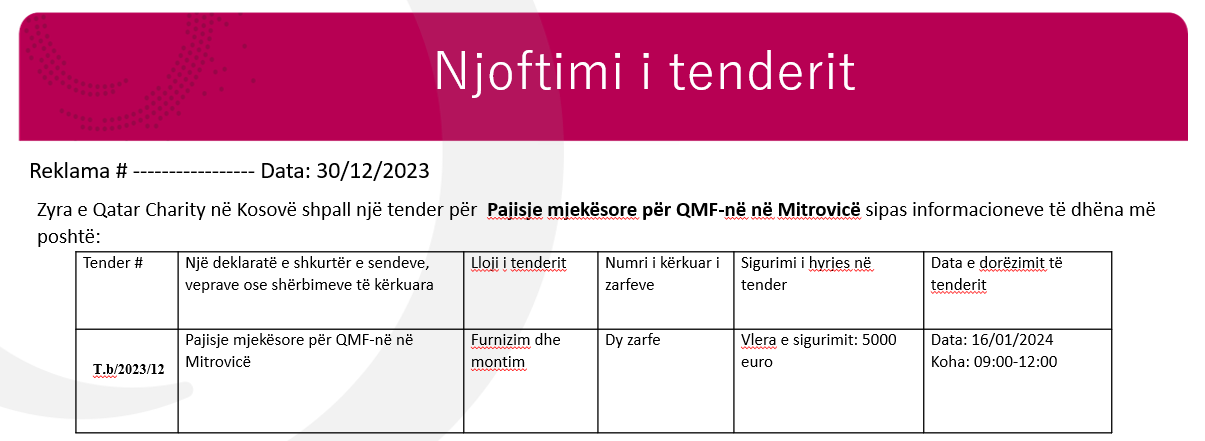 Njoftim i tenderit për: Pajisje mjekësore për QMF-në në Mitrovicë